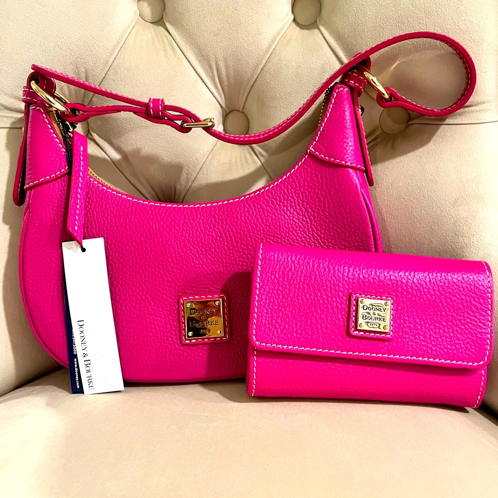 Dooney & Bourke Lucca Hobo Leather Shoulder Bag & Matching Wallet. Fuchsia NWT